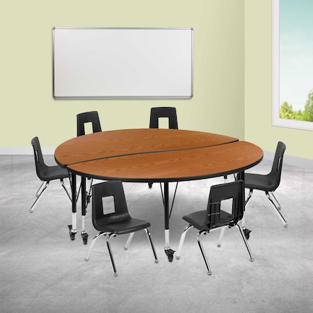 Flash Furniture Mobile 60" Circle Wave Oak Table Set-14" Chairs XU-GRP-14CH-A60-HCIRC-OAK-T-P-CAS-GG